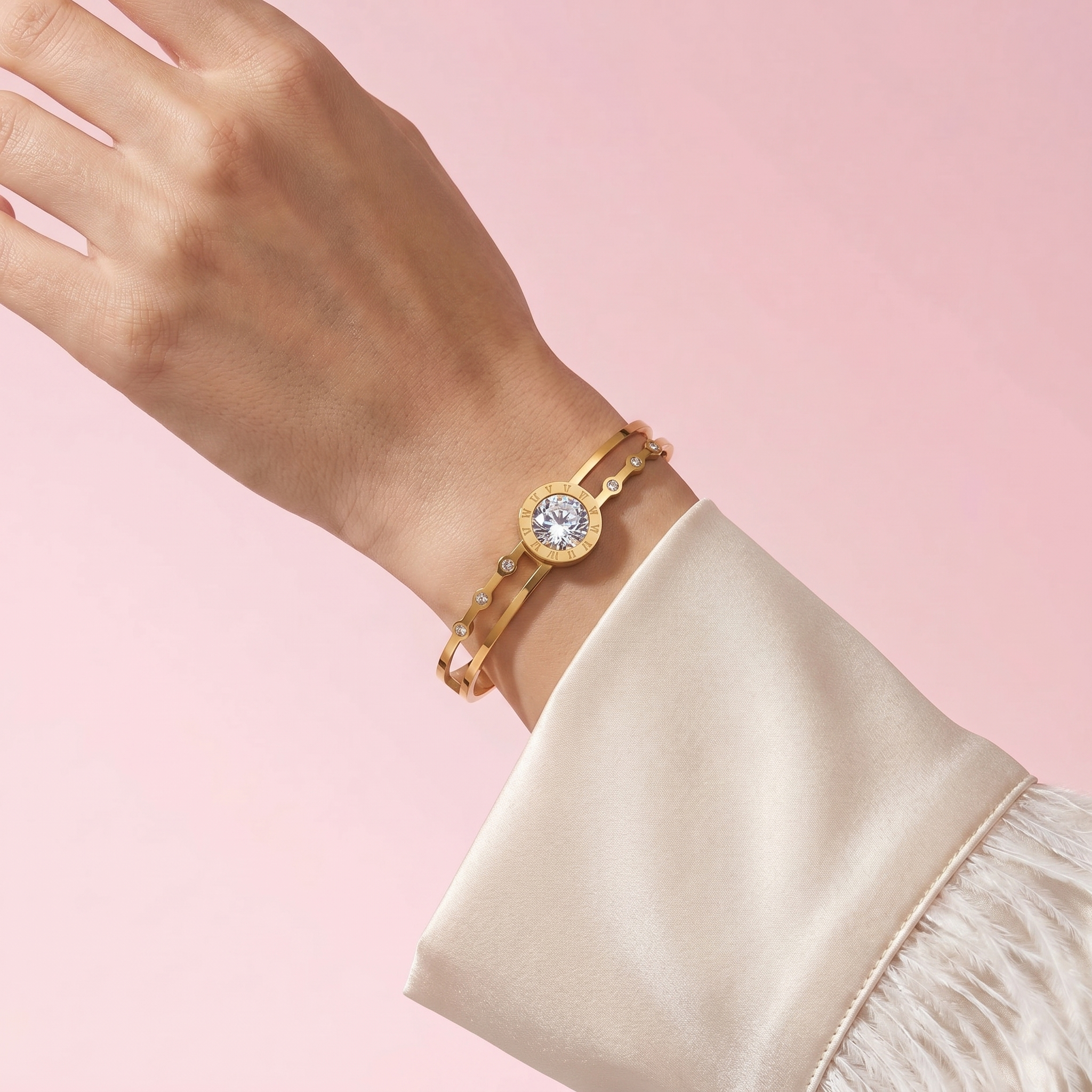 Gold Plated Stainless Steel Stone Embedded Anti Tarnish Bangle Style Bracelet