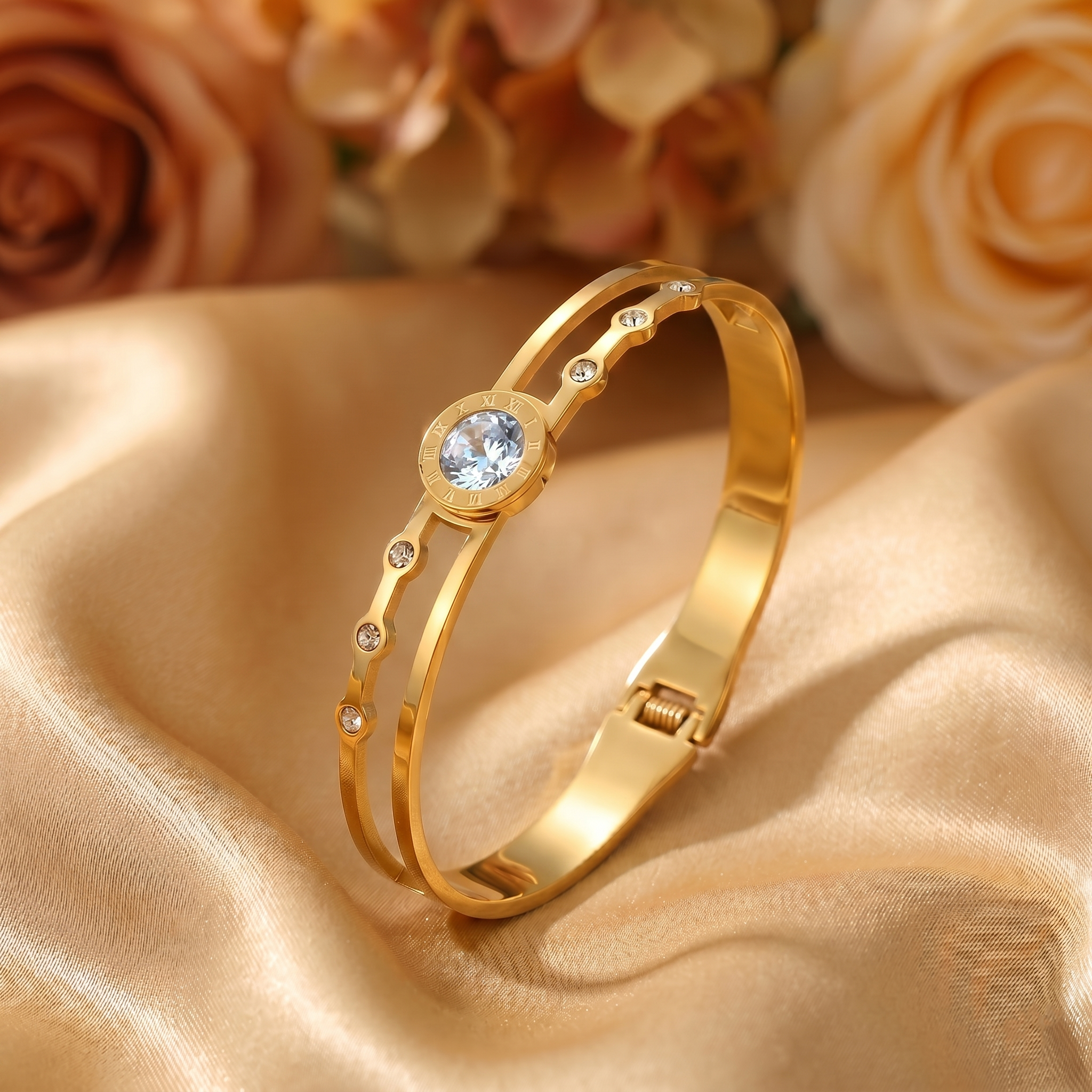 Gold Plated Stainless Steel Stone Embedded Anti Tarnish Bangle Style Bracelet