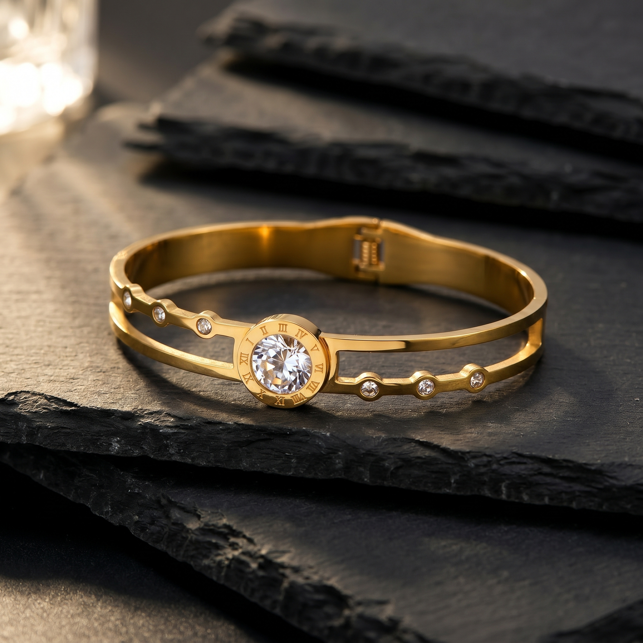 Gold Plated Stainless Steel Stone Embedded Anti Tarnish Bangle Style Bracelet