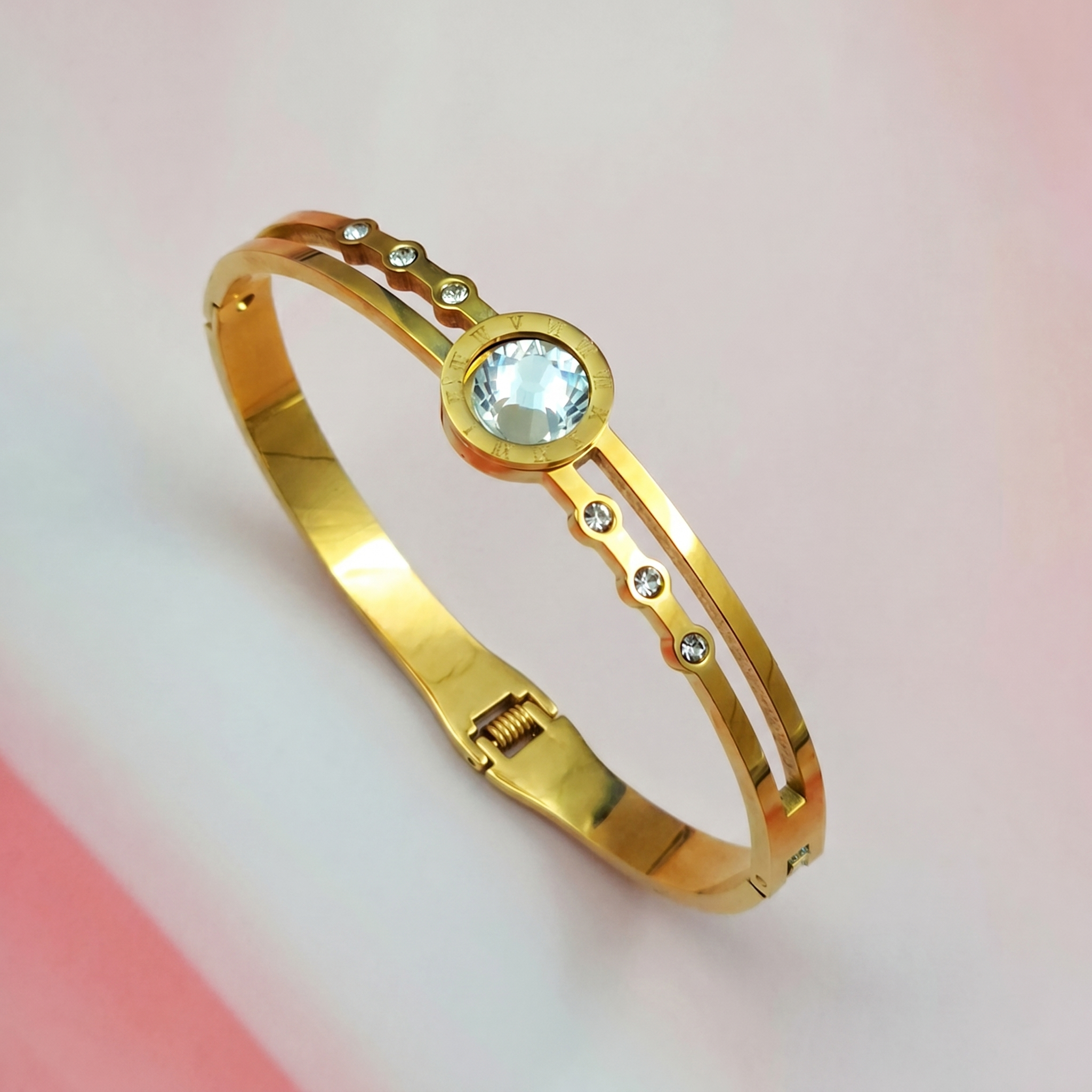 Gold Plated Stainless Steel Stone Embedded Anti Tarnish Bangle Style Bracelet
