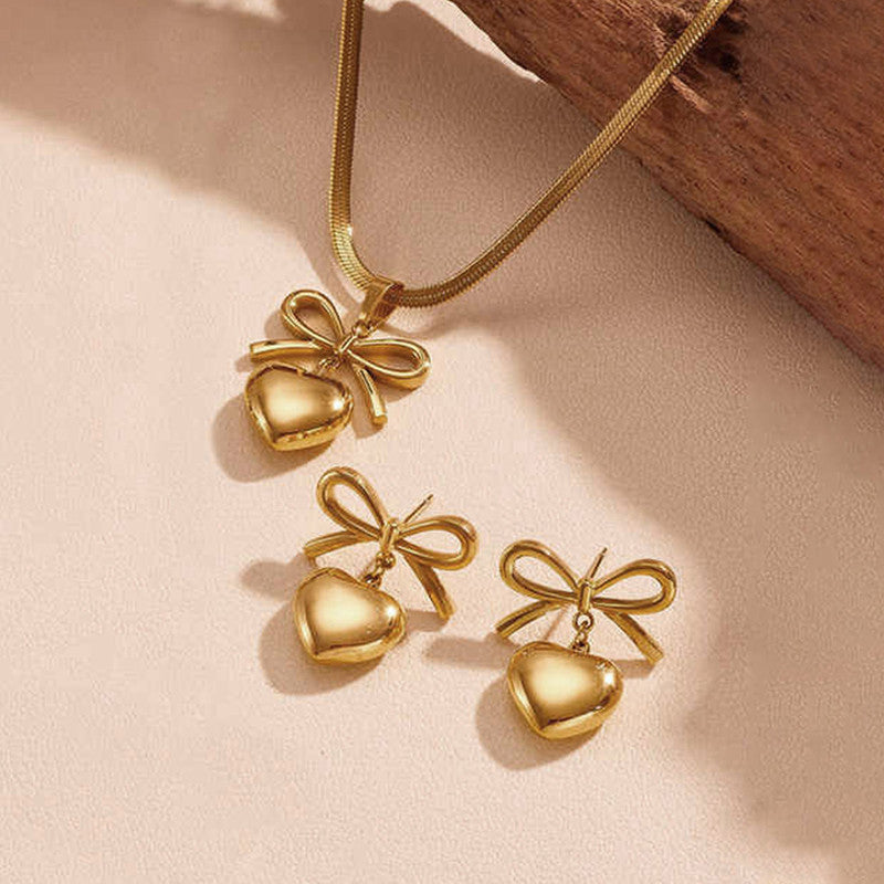 Gold Plated Anti Tarnish Bow-Heart Themed Jewellery Set