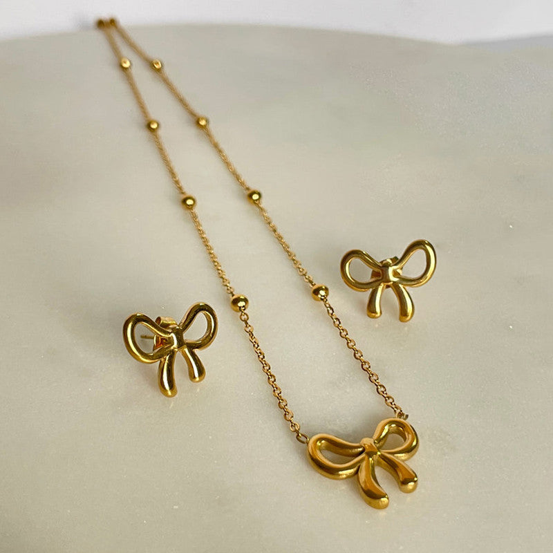 Gold Plated Anti Tarnish Bow Themed Jewellery Set