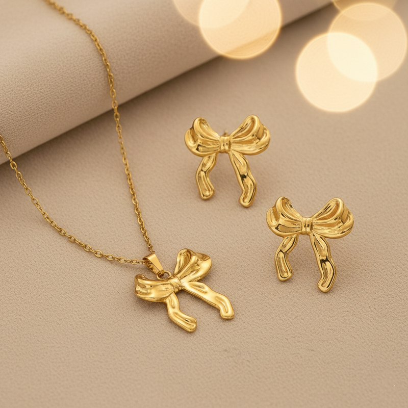 Gold Plated Anti Tarnish Bow Themed Jewellery Set For Girls Women