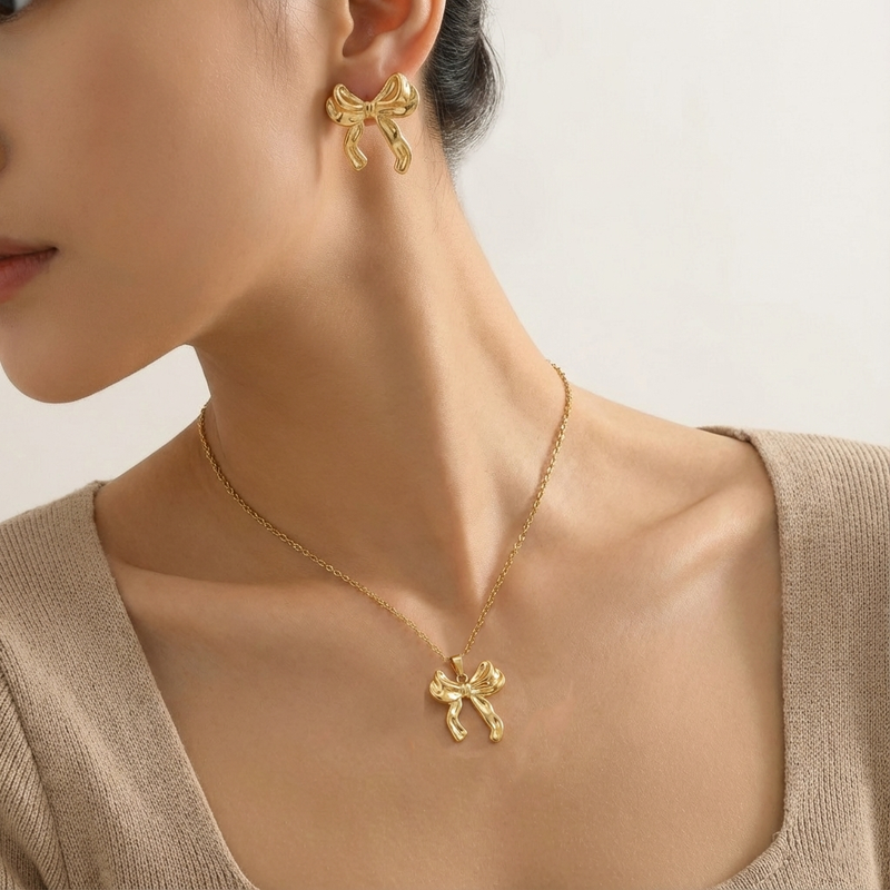 Gold Plated Anti Tarnish Bow Themed Jewellery Set For Girls Women