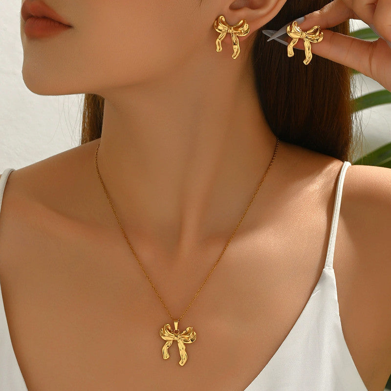 Gold Plated Anti Tarnish Bow Themed Jewellery Set For Girls Women