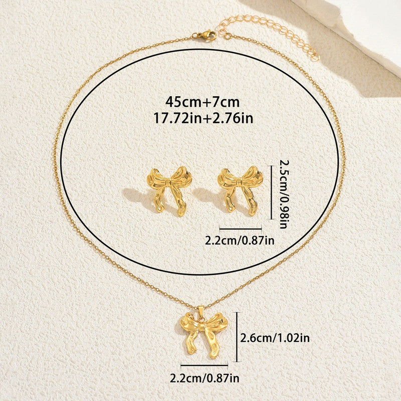 Gold Plated Anti Tarnish Bow Themed Jewellery Set For Girls Women