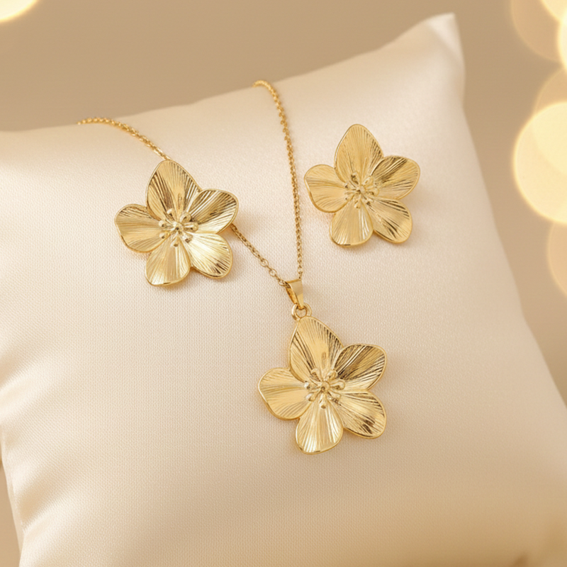 Gold Plated Anti Tarnish Floral Themed Jewellery Set For Girls Women