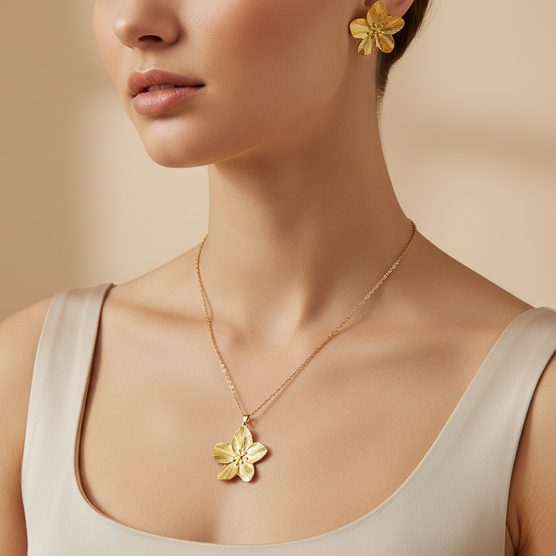 Gold Plated Anti Tarnish Floral Themed Jewellery Set For Girls Women