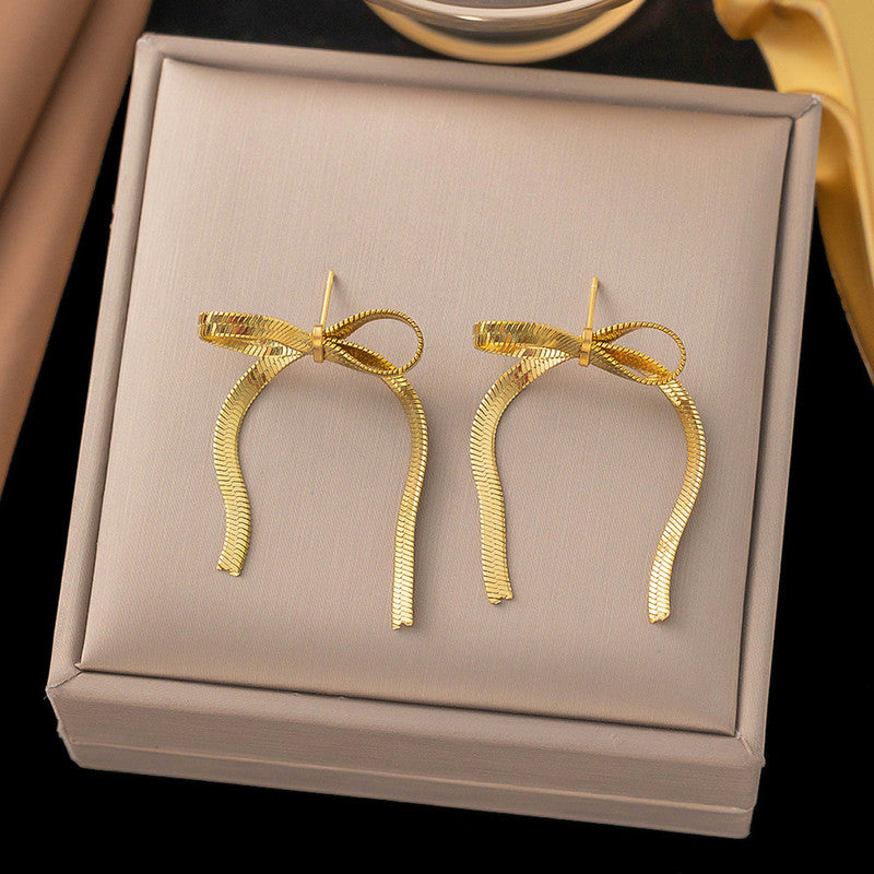 Gold Plated Anti Tarnish Bow Themed Drop Earrings