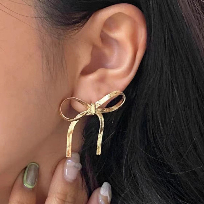 Gold Plated Anti Tarnish Bow Themed Drop Earrings