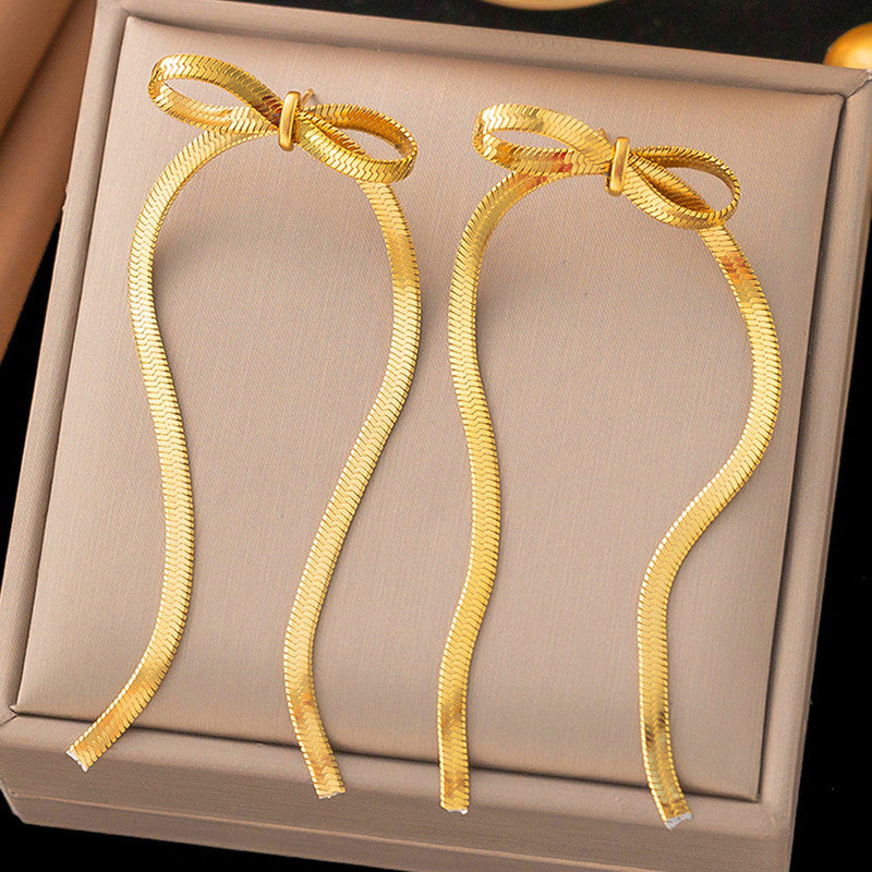 Gold Plated Anti Tarnish Bow Themed Drop Earrings