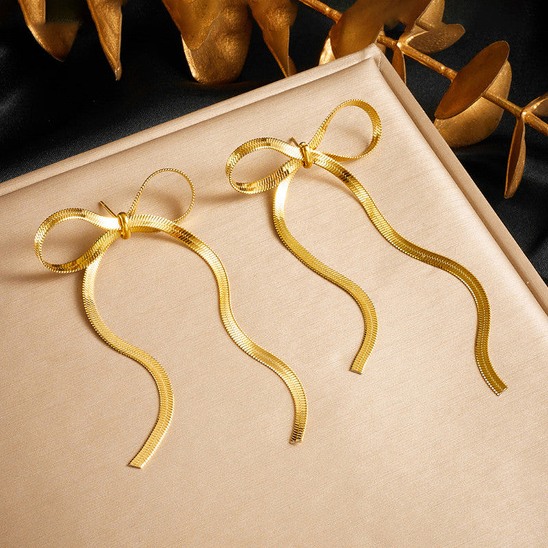 Gold Plated Anti Tarnish Bow Themed Drop Earrings