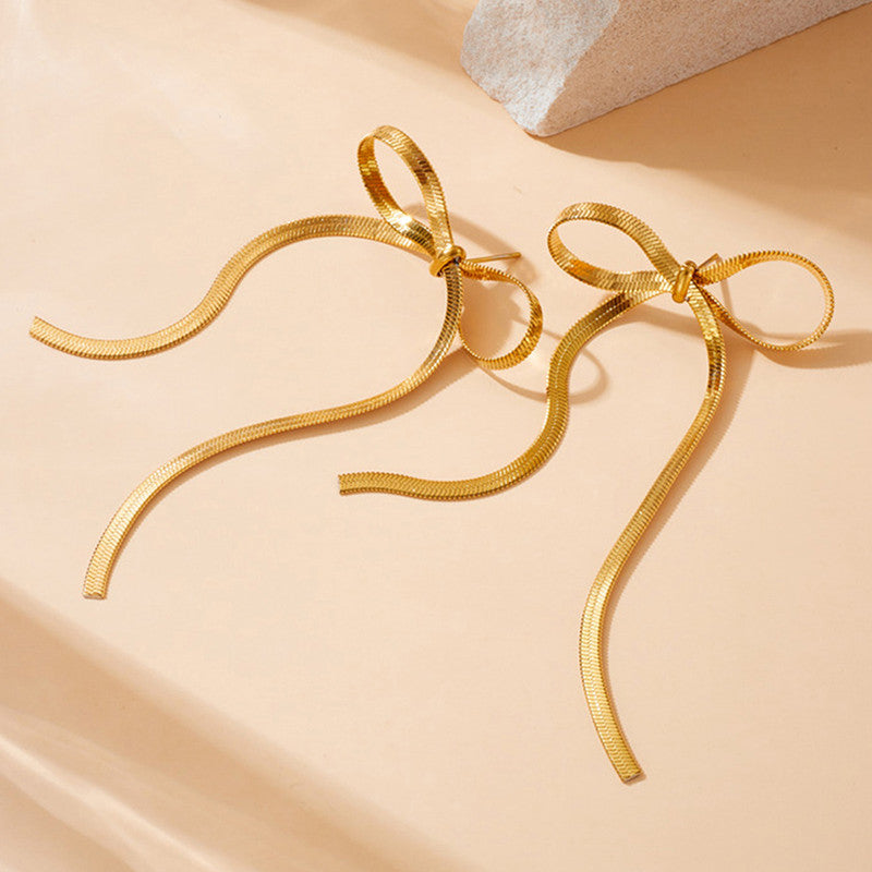 Gold Plated Anti Tarnish Bow Themed Drop Earrings