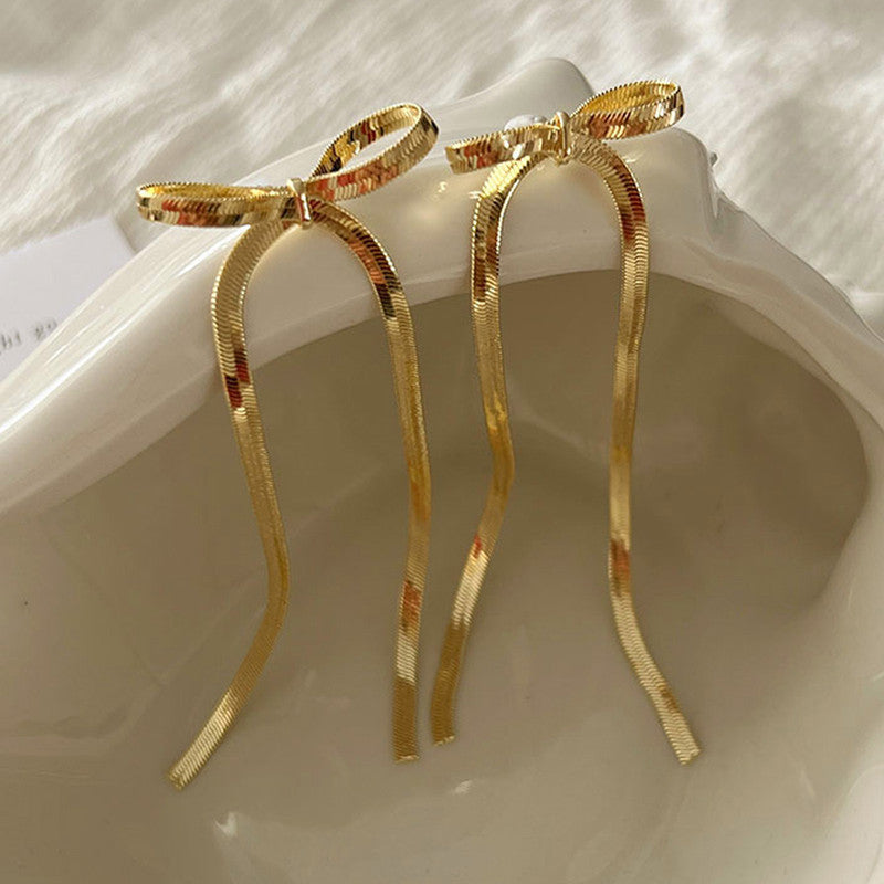 Gold Plated Anti Tarnish Bow Themed Drop Earrings