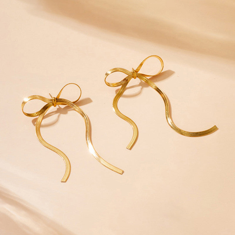 Gold Plated Anti Tarnish Bow Themed Drop Earrings