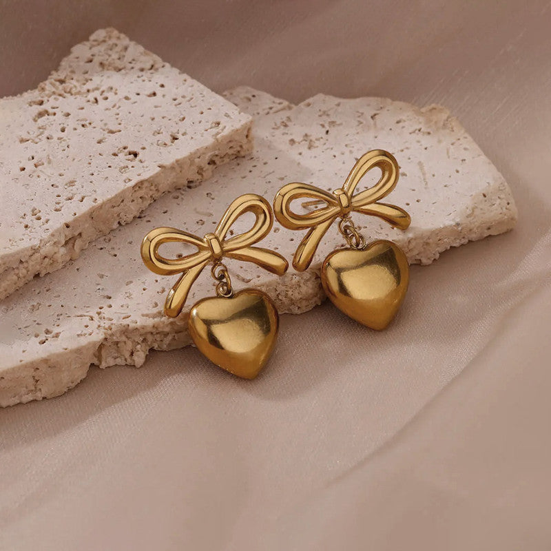 Gold Plated Anti Tarnish Bow-Heart Themed Earrings