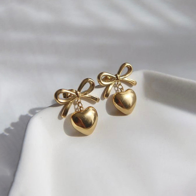 Gold Plated Anti Tarnish Bow-Heart Themed Earrings