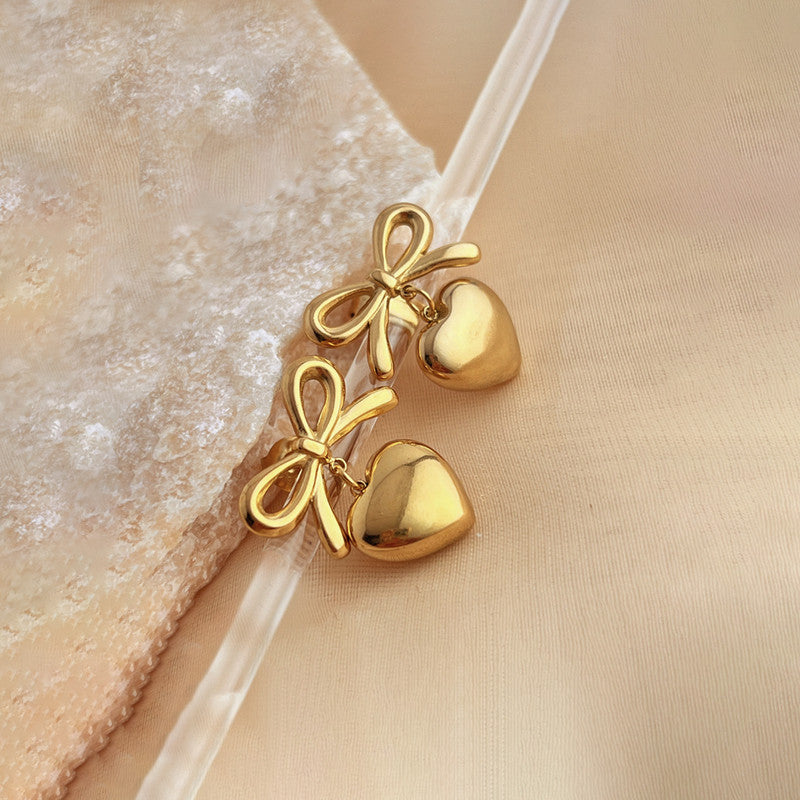 Gold Plated Anti Tarnish Bow-Heart Themed Earrings