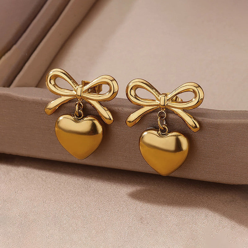 Gold Plated Anti Tarnish Bow-Heart Themed Earrings