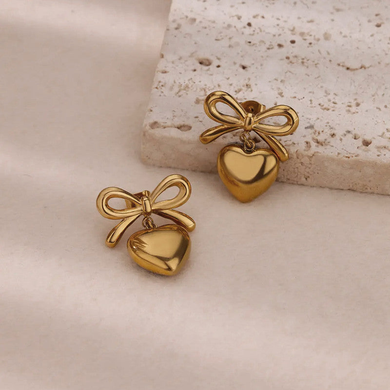 Gold Plated Anti Tarnish Bow-Heart Themed Earrings