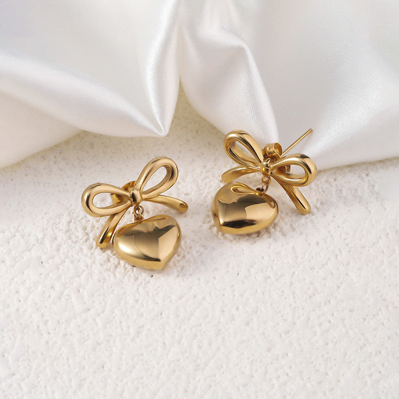 Gold Plated Anti Tarnish Bow-Heart Themed Earrings