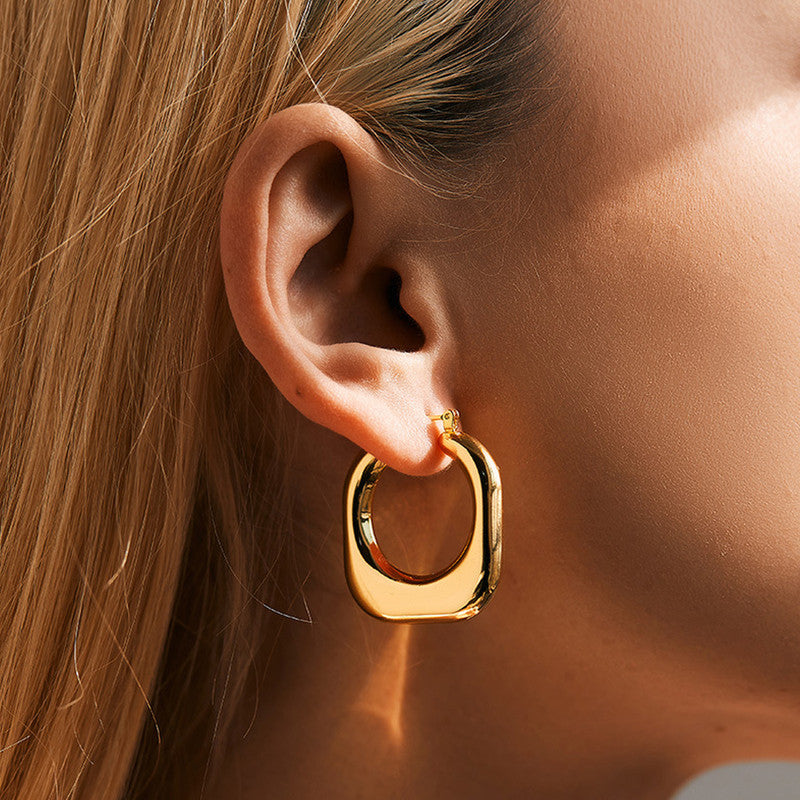 Gold Plated Anti Tarnish Chunky Geometric Statement Hoop Earrings