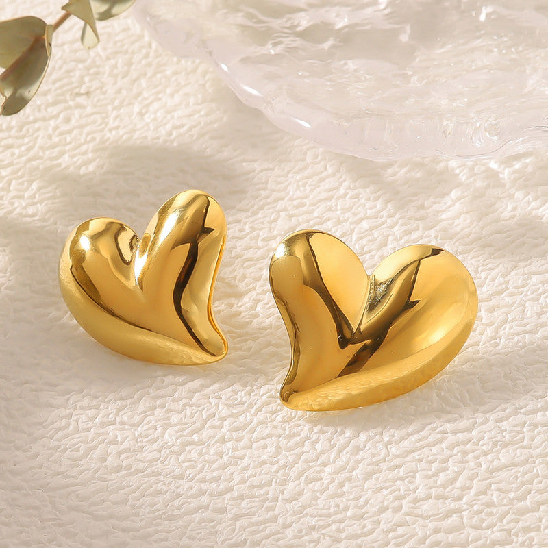 Gold Plated Anti Tarnish Stainless Steel Heart Themed Stud Earrings