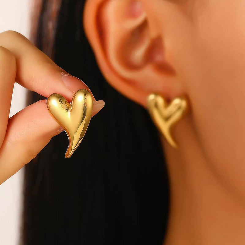 Gold Plated Stainless Steel Anti Tarnish Heart Themed Stud Earrings