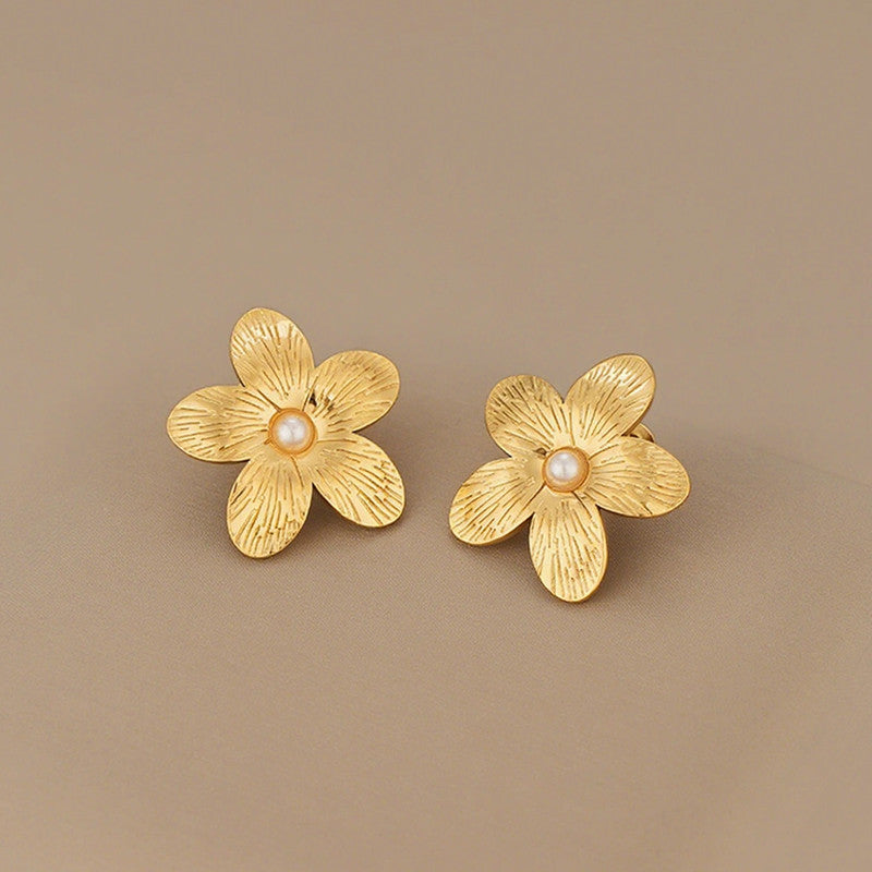 Gold Plated Stainless Steel Anti Tarnish Floral Themed Stud Earrings