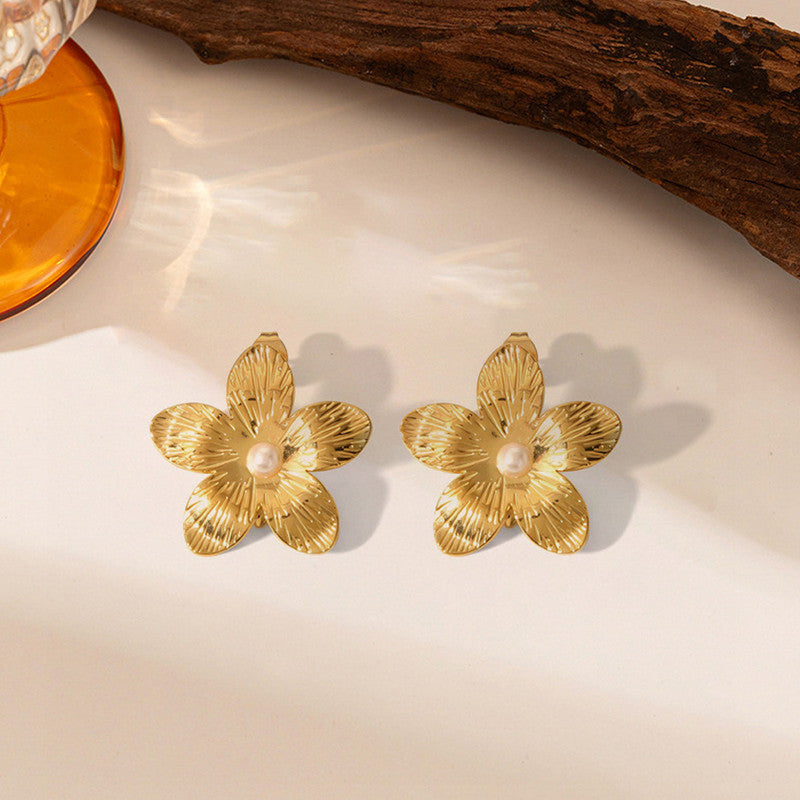 Gold Plated Stainless Steel Anti Tarnish Floral Themed Stud Earrings