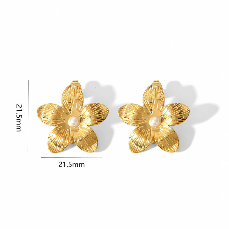 Gold Plated Stainless Steel Anti Tarnish Floral Themed Stud Earrings