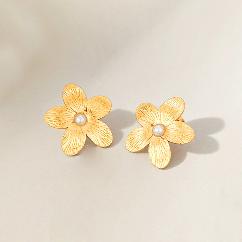 Gold Plated Stainless Steel Anti Tarnish Floral Themed Stud Earrings
