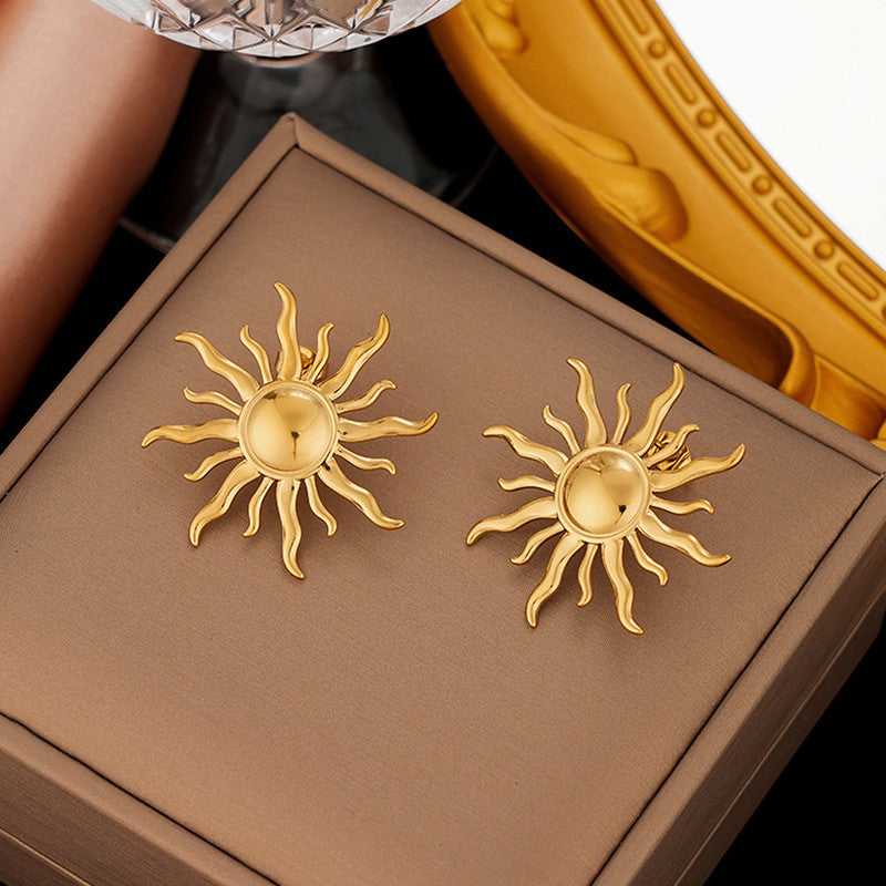 Gold Plated Stainless Steel Anti Tarnish Sun Shaped Stud Earrings