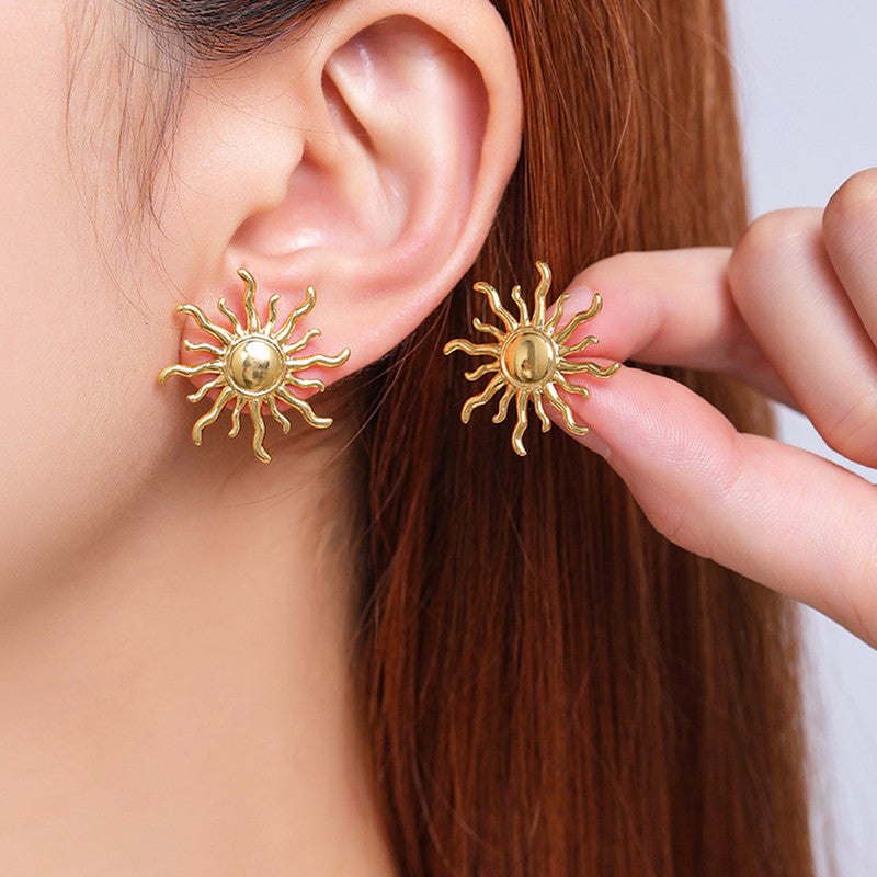 Gold Plated Stainless Steel Anti Tarnish Sun Shaped Stud Earrings