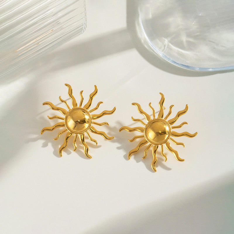 Gold Plated Stainless Steel Anti Tarnish Sun Shaped Stud Earrings