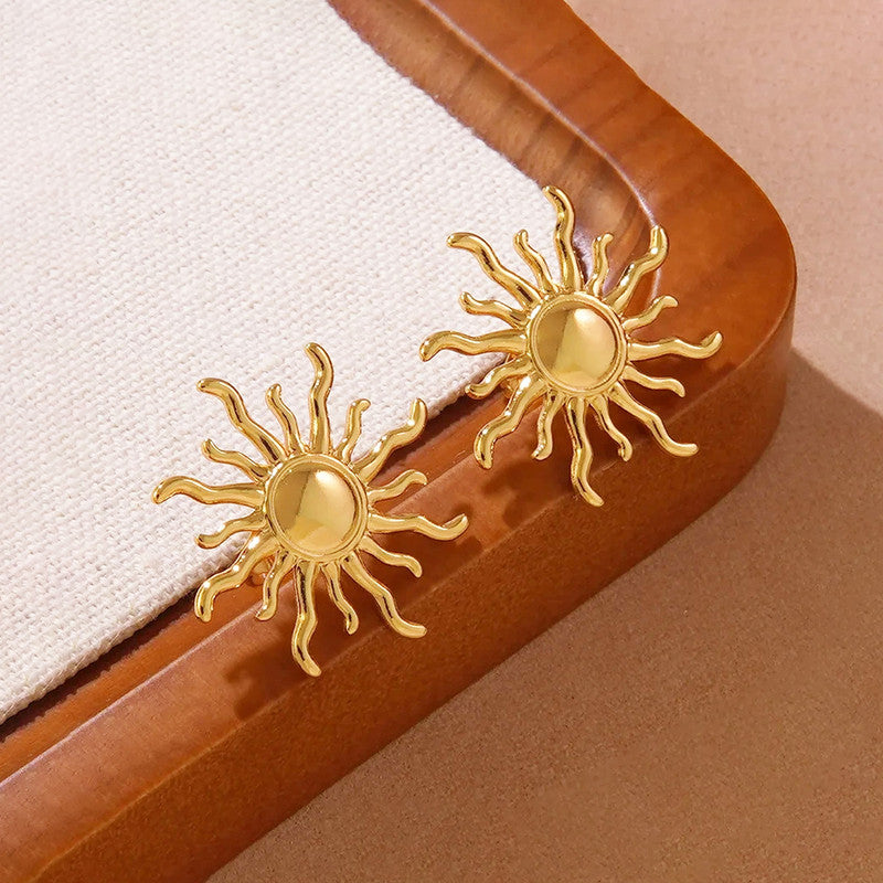 Gold Plated Stainless Steel Anti Tarnish Sun Shaped Stud Earrings