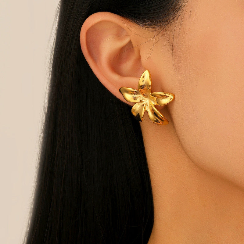 Gold Plated Stainless Steel Anti Tarnish Floral Themed Stud Earrings