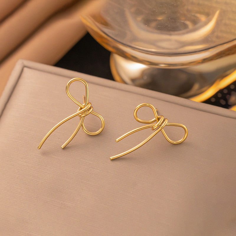 Gold Plated Stainless Steel Anti Tarnish Bow Themed Drop Earrings