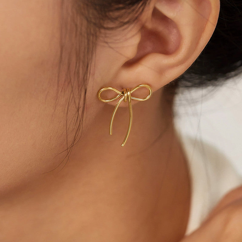 Gold Plated Stainless Steel Anti Tarnish Bow Themed Drop Earrings
