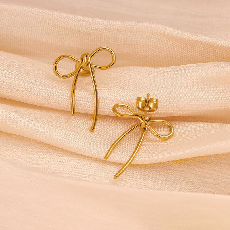 Gold Plated Stainless Steel Anti Tarnish Bow Themed Drop Earrings