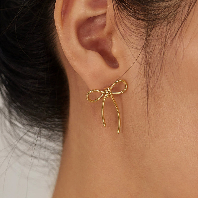 Gold Plated Stainless Steel Anti Tarnish Bow Themed Drop Earrings