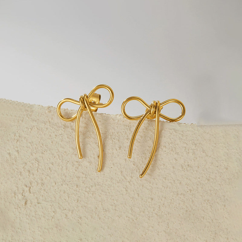 Gold Plated Stainless Steel Anti Tarnish Bow Themed Drop Earrings