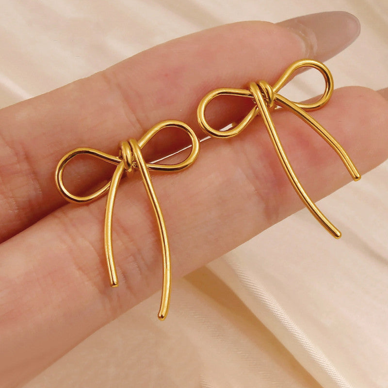 Gold Plated Stainless Steel Anti Tarnish Bow Themed Drop Earrings