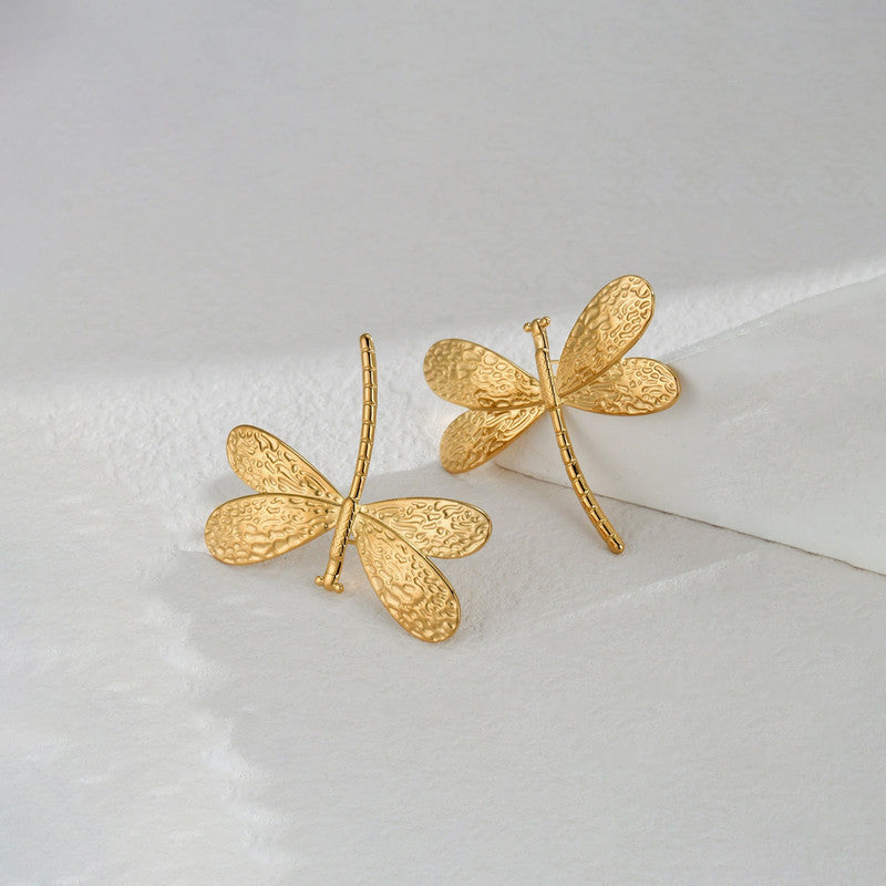 Gold-Plated Anti Tarnish Stainless Steel Dragonfly themed Stud Earrings