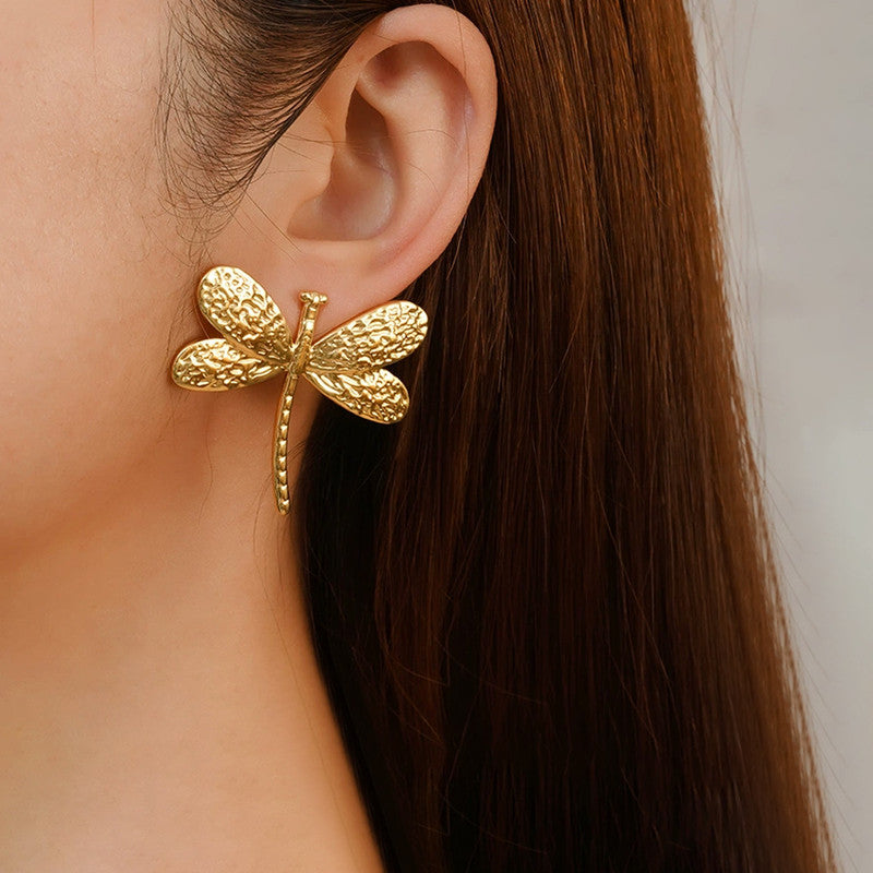 Gold-Plated Anti Tarnish Stainless Steel Dragonfly themed Stud Earrings