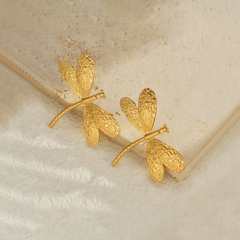 Gold-Plated Anti Tarnish Stainless Steel Dragonfly themed Stud Earrings