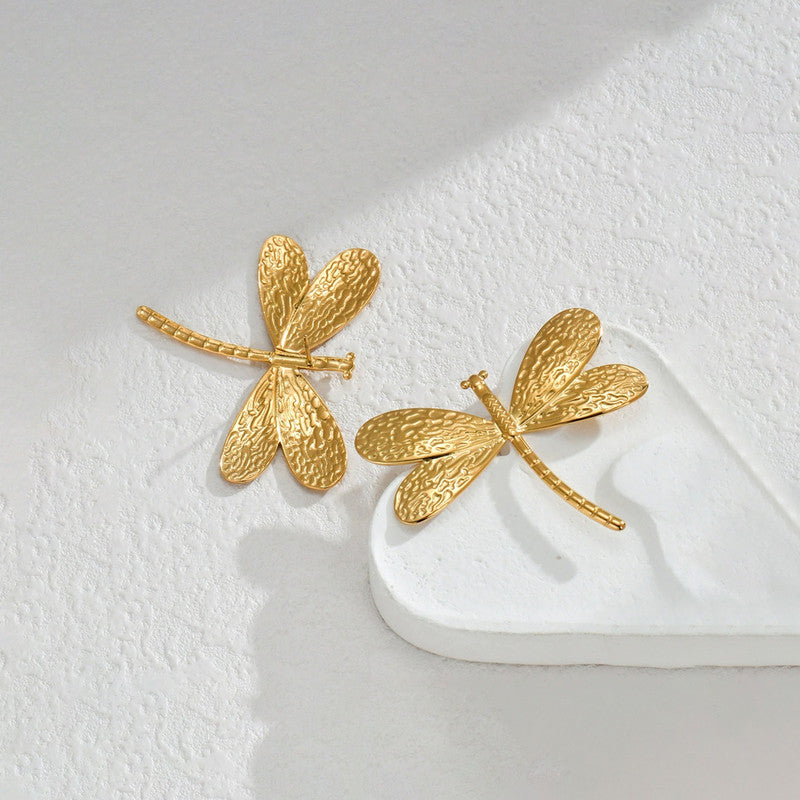 Gold-Plated Anti Tarnish Stainless Steel Dragonfly themed Stud Earrings