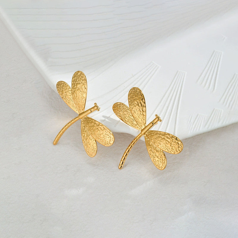 Gold-Plated Anti Tarnish Stainless Steel Dragonfly themed Stud Earrings