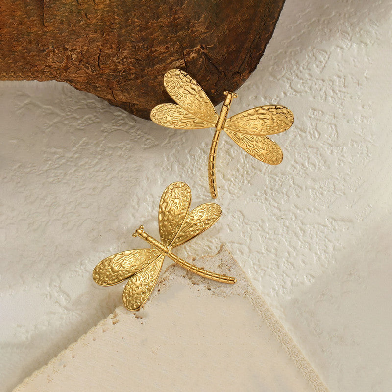Gold-Plated Anti Tarnish Stainless Steel Dragonfly themed Stud Earrings