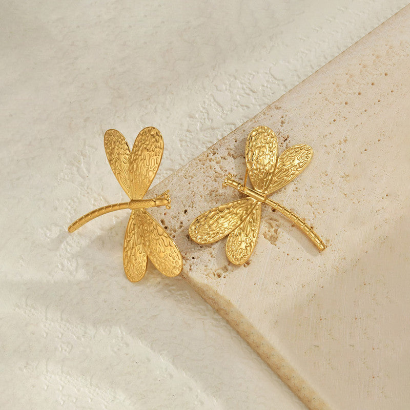 Gold-Plated Anti Tarnish Stainless Steel Dragonfly themed Stud Earrings